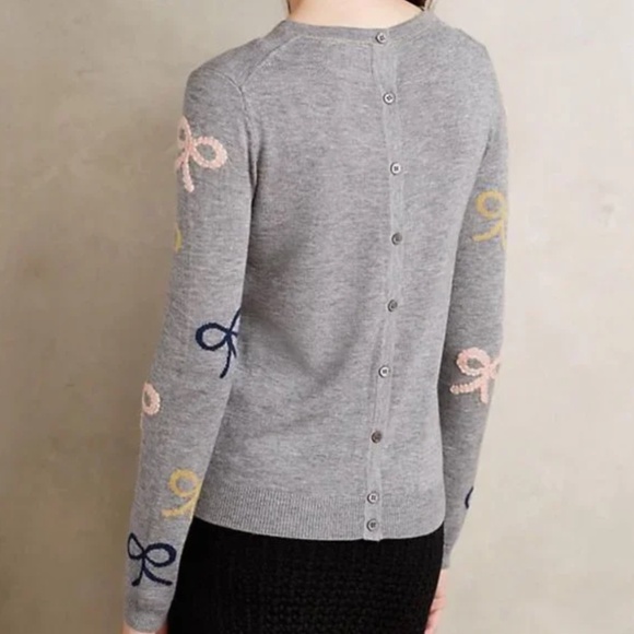 Anthropologie Trimmings Wool Blend Grey Sweater with Bows Size Medium - Picture 2 of 9